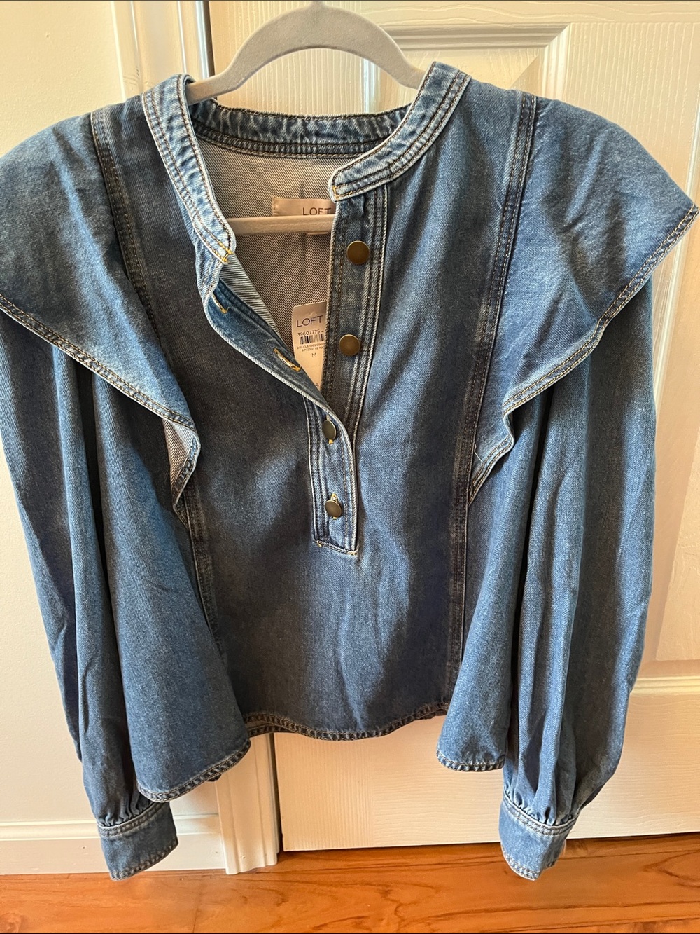 LOFT Denim Ruffle-Shoulder Long Sleeve Top in Blue. New in style!!